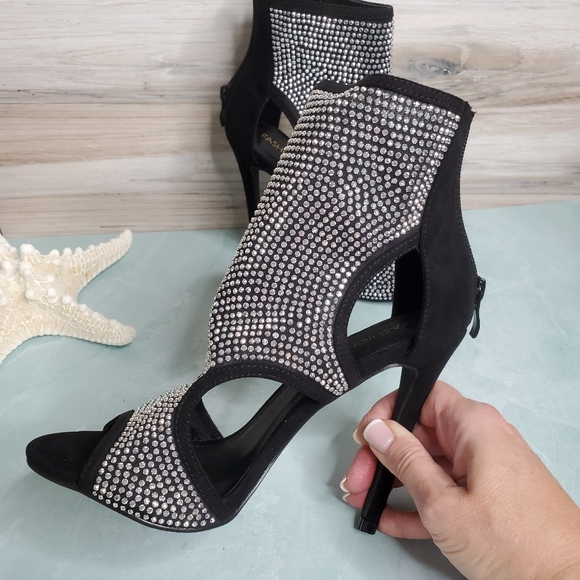 NEW Black Rhinestone Peep Toe Stiletto Ankle Boots - Picture 6 of 8